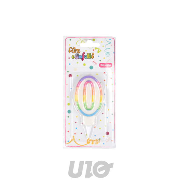 BOUGIE ANNIVERSAIRE CHIFFRE 0 AVEC SUPPORT PLASTIQUE H7,8CM MULTICOLORE