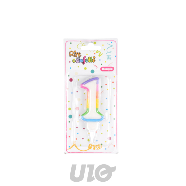 BOUGIE ANNIVERSAIRE CHIFFRE 1 AVEC SUPPORT PLASTIQUE H7,8CM MULTICOLORE