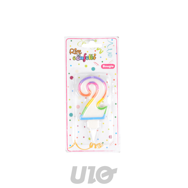 BOUGIE ANNIVERSAIRE CHIFFRE 2 AVEC SUPPORT PLASTIQUE H7,8CM MULTICOLORE