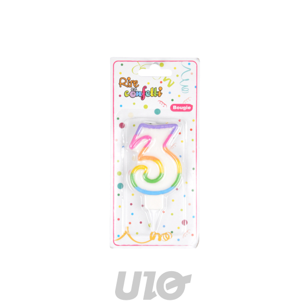 BOUGIE ANNIVERSAIRE CHIFFRE 3 AVEC SUPPORT PLASTIQUE H7,8CM MULTICOLORE