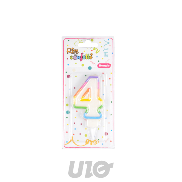 BOUGIE ANNIVERSAIRE CHIFFRE 4 AVEC SUPPORT PLASTIQUE H7,8CM MULTICOLORE