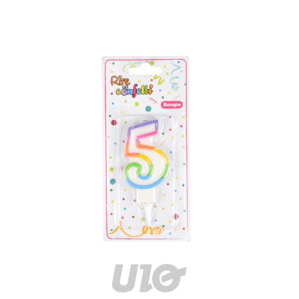 BOUGIE ANNIVERSAIRE CHIFFRE 5 AVEC SUPPORT PLASTIQUE H7,8CM MULTICOLORE