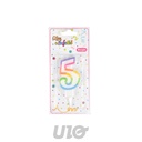 BOUGIE ANNIVERSAIRE CHIFFRE 5 AVEC SUPPORT PLASTIQUE H7,8CM MULTICOLORE
