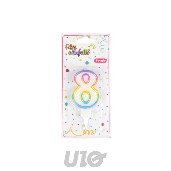BOUGIE ANNIVERSAIRE CHIFFRE 8 AVEC SUPPORT PLASTIQUE H7,8CM MULTICOLORE