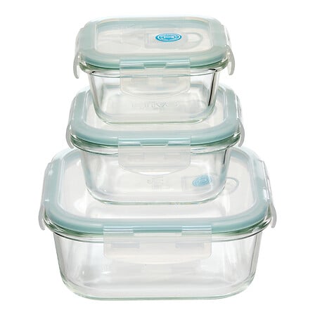 LOT DE 3 BOITES EN VERRE - CLIPEAT - 330ml: 12x12x5.8 cm 301g 530ml: 13.1x13.1x6.6 cm 400g 1180ml: 17.5x17.5x7.4 cm 780g