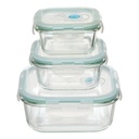 LOT DE 3 BOITES EN VERRE - CLIPEAT - 330ml: 12x12x5.8 cm 301g 530ml: 13.1x13.1x6.6 cm 400g 1180ml: 17.5x17.5x7.4 cm 780g