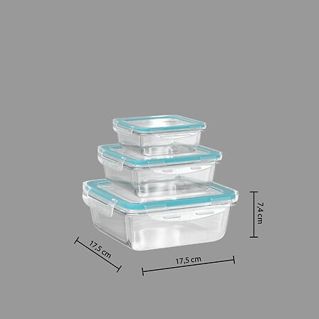 LOT DE 3 BOITES EN VERRE - CLIPEAT - 330ml: 12x12x5.8 cm 301g 530ml: 13.1x13.1x6.6 cm 400g 1180ml: 17.5x17.5x7.4 cm 780g