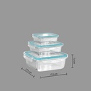 LOT DE 3 BOITES EN VERRE - CLIPEAT - 330ml: 12x12x5.8 cm 301g 530ml: 13.1x13.1x6.6 cm 400g 1180ml: 17.5x17.5x7.4 cm 780g