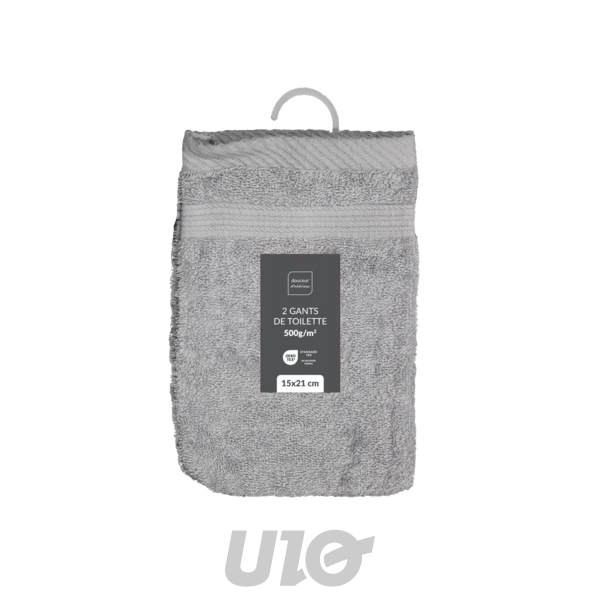 2 GANTS DE TOILETTE 15 x 21 CM EPONGE UNIE TENDRESSE GRIS PERLE