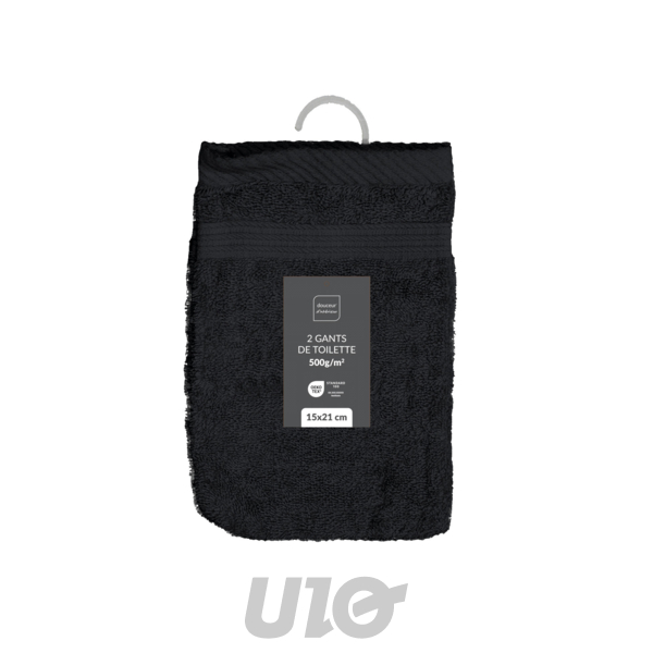 2 GANTS DE TOILETTE 15 x 21 CM EPONGE UNIE TENDRESSE NOIR