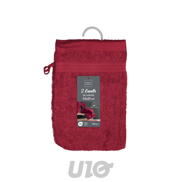 2 GANTS DE TOILETTE 15 x 21 CM EPONGE UNIE TENDRESSE RUBIS