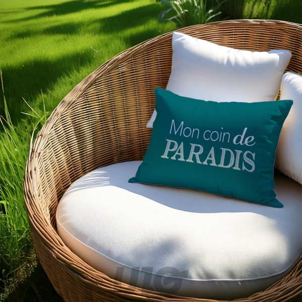 COUSSIN DEHOUS. COMPRESSE 40x60 CM POLYESTER IMPRIME DEPERLANT PARADIS DES PLACE