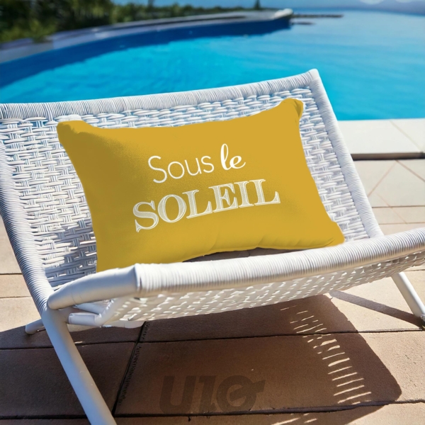 COUSSIN DEHOUS. COMPRESSE 40x60 CM POLYESTER IMPRIME DEPERLANT SOLEIL DES PLACE
