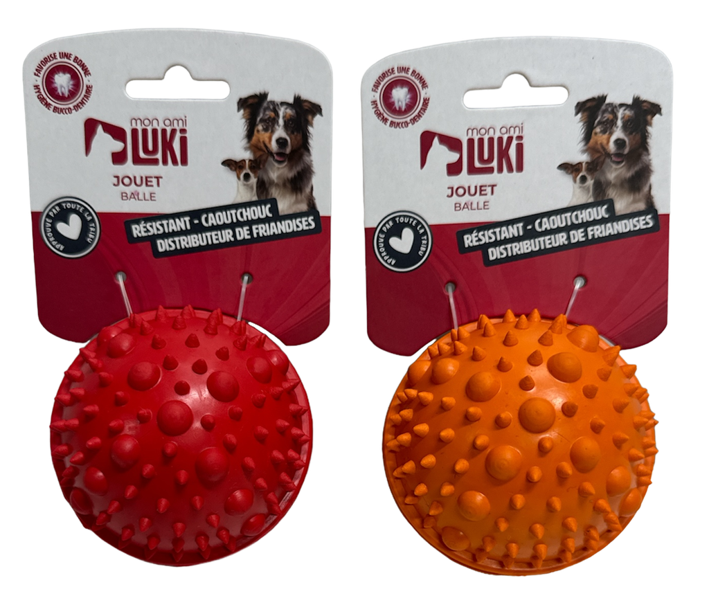 JOUET EN CAOUTCHOUC DISTRIBUTEUR DE  RÉCOMPENSE EN FORME DE BALLE 7CM - 2 COULEURS DISPONIBLES: ROUGE OU ORANGE