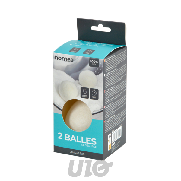 SET DE 2 BALLES DE SECHAGE EN LAINE 7CM REUTILISABLES BLANC