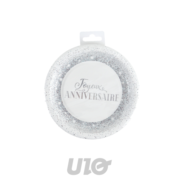SET DE 6 ASSIETTES EN CARTON D18.5CM ANNIVERSAIRE ARGENT