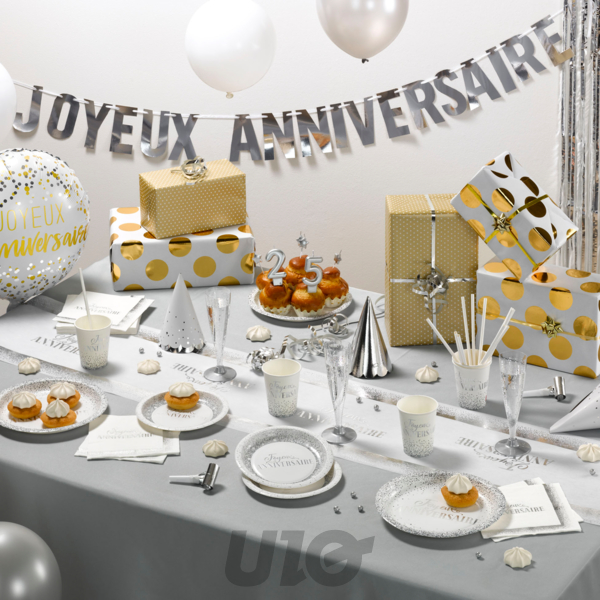 SET DE 6 ASSIETTES EN CARTON D18.5CM ANNIVERSAIRE ARGENT