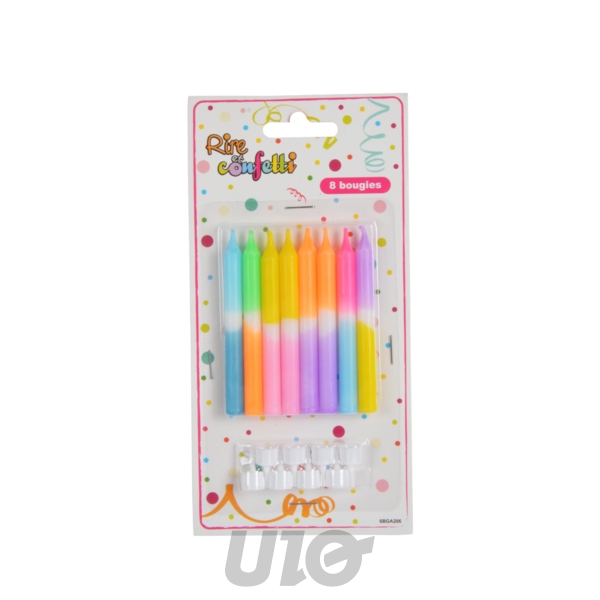 SET DE 8 BOUGIES ANNIVERSAIRE AVEC SUPPORTS PLASTIQUE H8CM DIP DYE