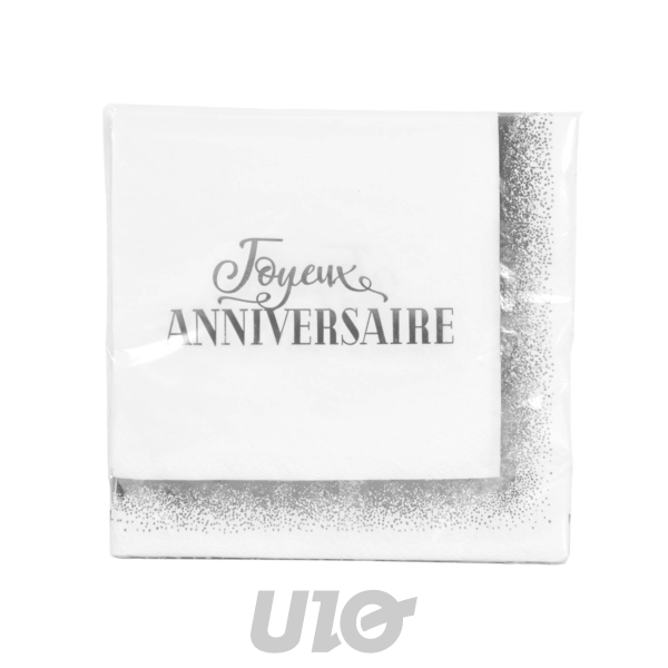 SET DE 20 SERVIETTES EN PAPIER 3 PLIS 33*33CM ANNIVERSAIRE ARGENT