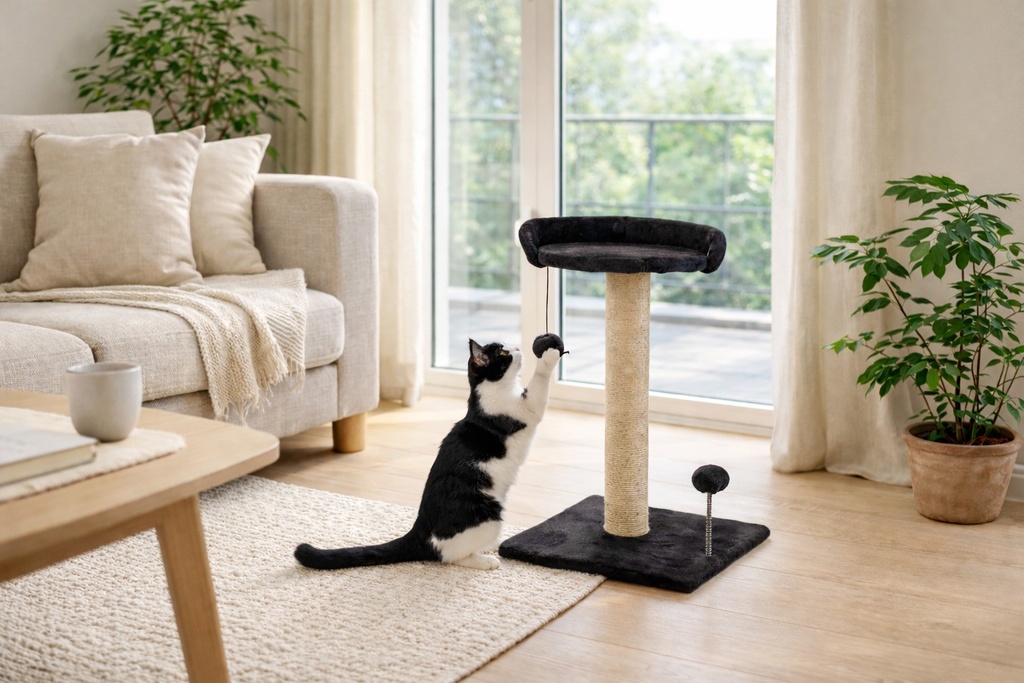 ARBRE A CHAT PLATEFORME-2 JOUETS-ANTRACITE-55X33X33CM–POTEAU DIAM7,9CM