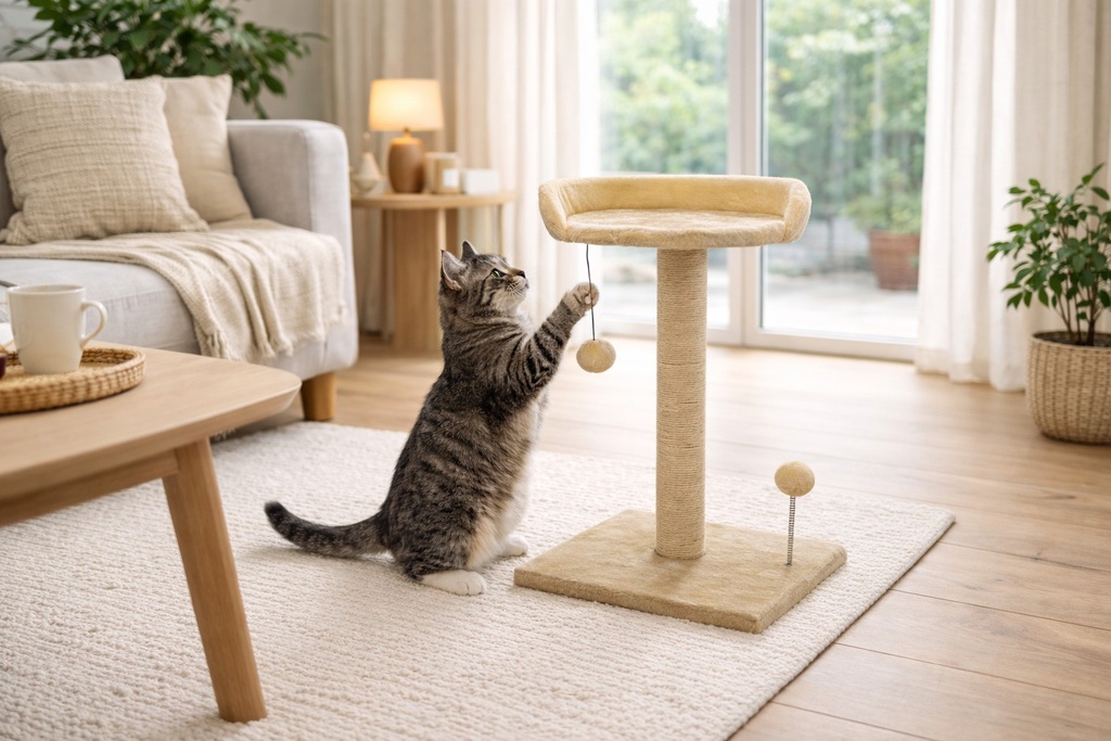 ARBRE A CHAT PLATEFORME-2 JOUETS-ECRU-55X33X33CM–POTEAU DIAM 7,9CM