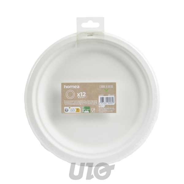 SET DE 12 ASSIETTES RONDES EN CANNE A SUCRE D22CM BLANC