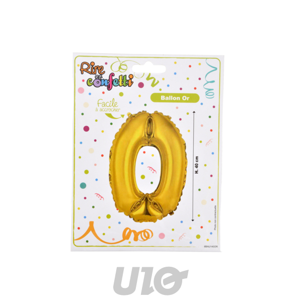 BALLON CHIFFRE 0 METALLISE EN ALUMINIUM AVEC PAILLE H40CM OR