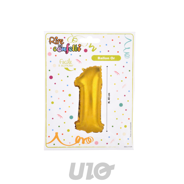 BALLON CHIFFRE 1 METALLISE EN ALUMINIUM AVEC PAILLE H40CM OR