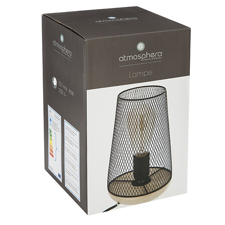 Lampe grillage Zely haut 24 cm métal et bois noir
