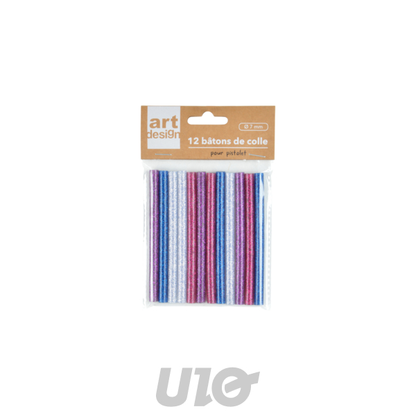 12 BATONS DE COLLE PAILLETTES POUR PISTOLET D0.7*H10CM ROSE/BLEU/MAUVE/ARGENT