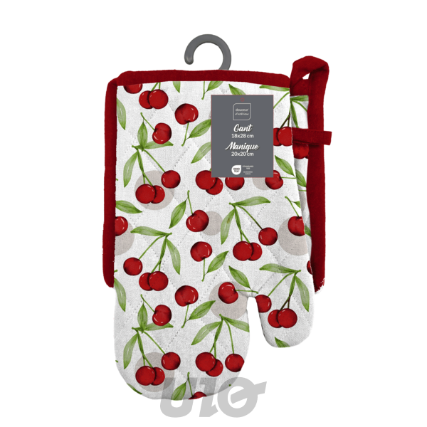 GANT + MANIQUE 18 x 28 CM/20 x 20 CM COTON/POLYESTER IMPRIME CERISETTE RUBIS