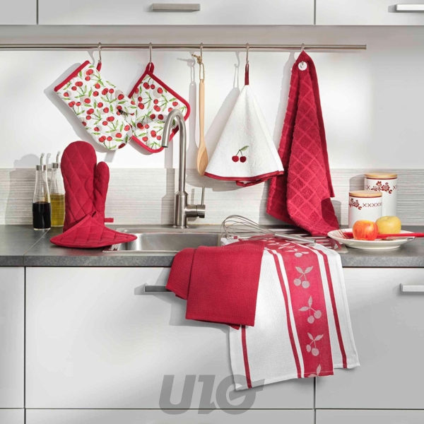 GANT + MANIQUE 18 x 28 CM/20 x 20 CM COTON/POLYESTER IMPRIME CERISETTE RUBIS