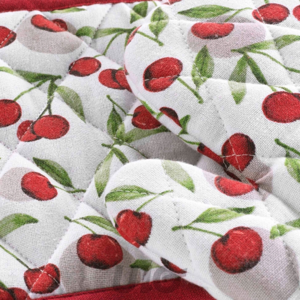 GANT + MANIQUE 18 x 28 CM/20 x 20 CM COTON/POLYESTER IMPRIME CERISETTE RUBIS