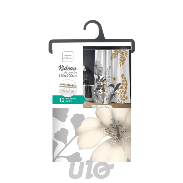 RIDEAU DE DOUCHE+CROCHETS 180 x 200 CM POLYESTER IMPRIME KELLY BLANC DES. PLACE