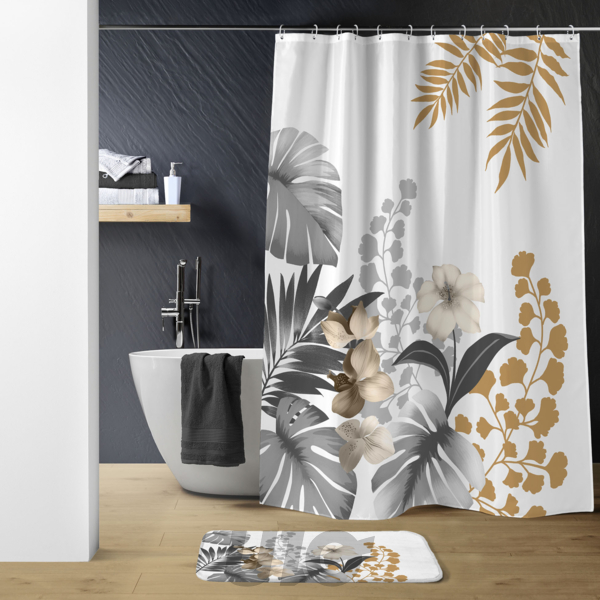 RIDEAU DE DOUCHE+CROCHETS 180 x 200 CM POLYESTER IMPRIME KELLY BLANC DES. PLACE