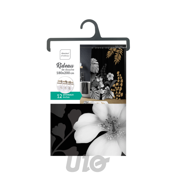 RIDEAU DE DOUCHE+CROCHETS 180 x 200 CM POLYESTER IMPRIME KELLY NOIR DES. PLACE