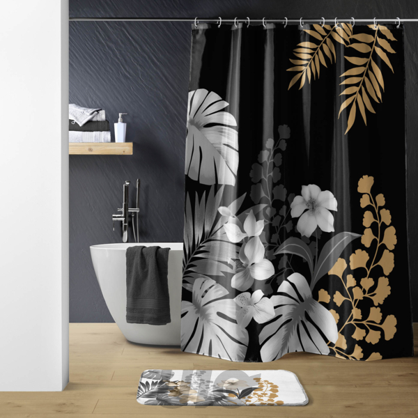 RIDEAU DE DOUCHE+CROCHETS 180 x 200 CM POLYESTER IMPRIME KELLY NOIR DES. PLACE