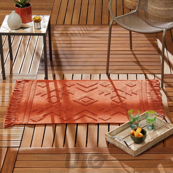 TAPIS RECTANGLE A FRANGES 60 x 90 CM COTON JACQUARD CILAOS TERRACOTTA
