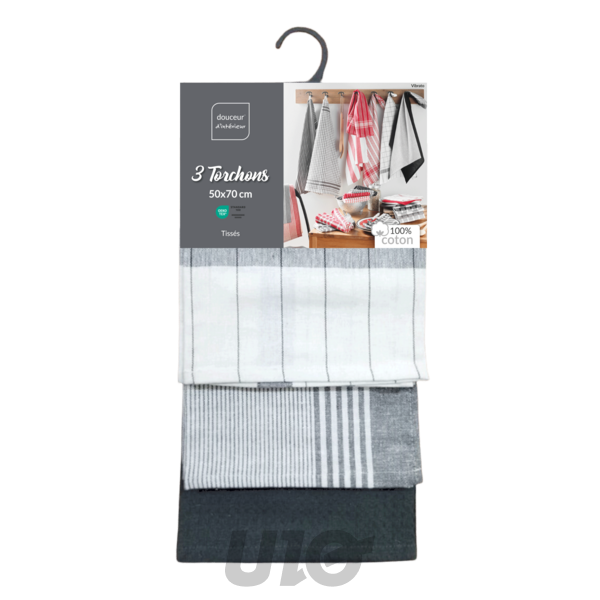 TORCHON x3 PCS 50 x 70 CM COTON TISSE/NID D'ABEILLE VIBRATO ANTHRACITE