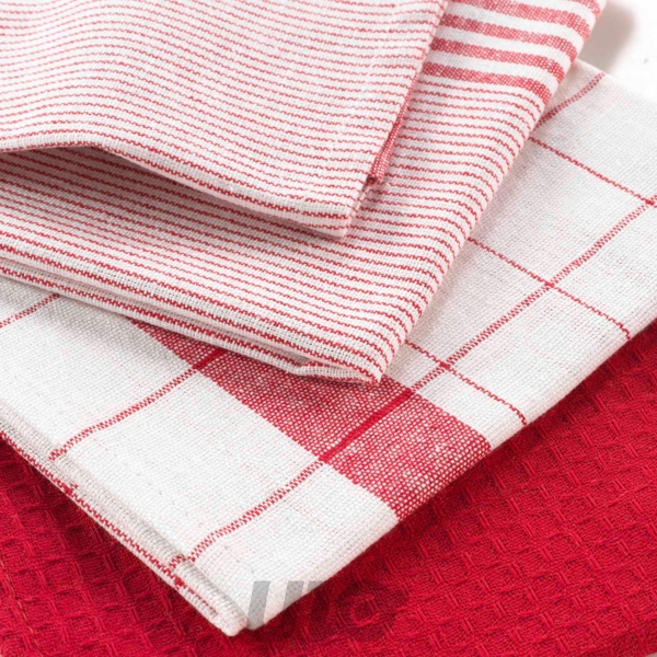 TORCHON x3 PCS 50 x 70 CM COTON TISSE/NID D'ABEILLE VIBRATO ROUGE