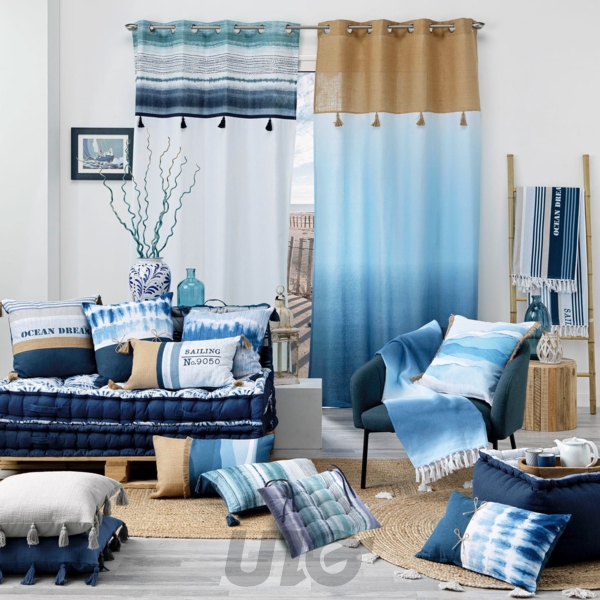 RIDEAU A OEILLETS 140 x 240 CM COTON UNI+TOP IMPRIME+POMPONS MIKONOS TOP