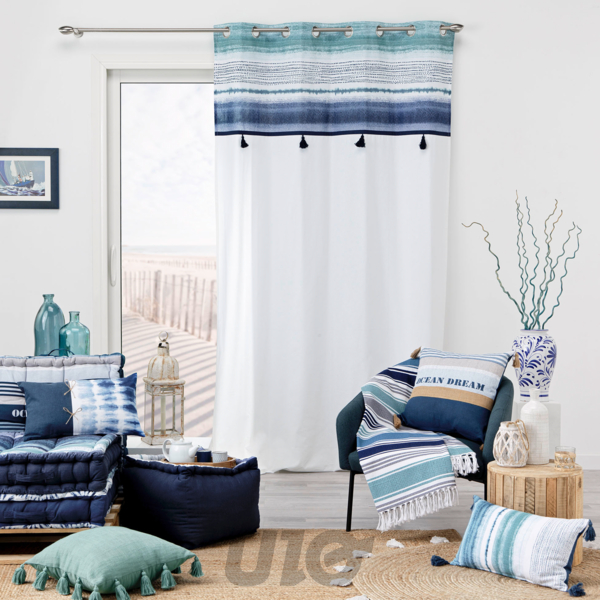 RIDEAU A OEILLETS 140 x 240 CM COTON UNI+TOP IMPRIME+POMPONS MIKONOS TOP