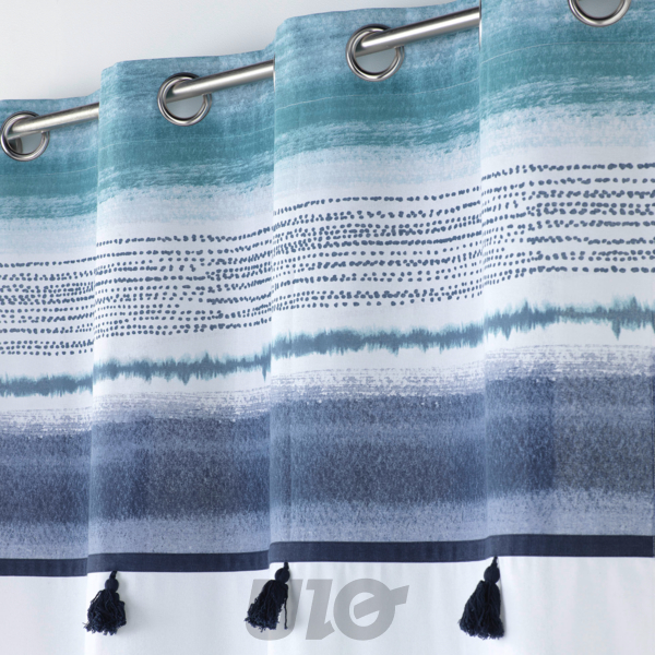RIDEAU A OEILLETS 140 x 240 CM COTON UNI+TOP IMPRIME+POMPONS MIKONOS TOP