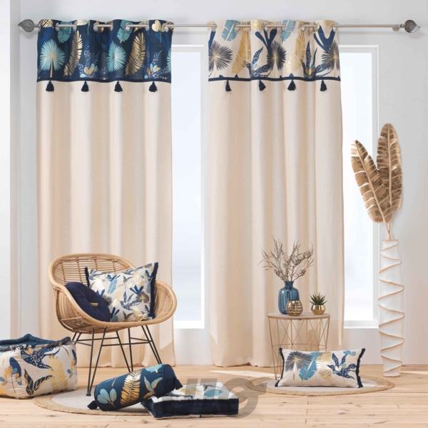 RIDEAU A OEILLETS 140 x 240 CM COTON UNI+TOP IMPRIME+POMPONS PRUSSEOR BLANC