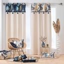 RIDEAU A OEILLETS 140 x 240 CM COTON UNI+TOP IMPRIME+POMPONS PRUSSEOR BLANC
