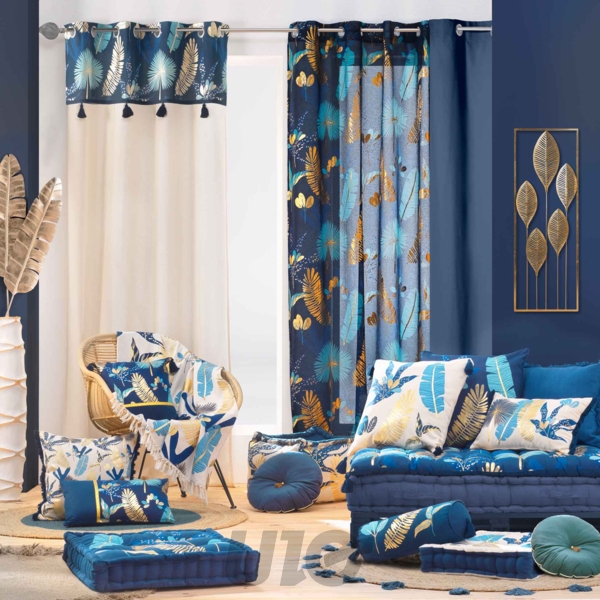 RIDEAU A OEILLETS 140 x 240 CM COTON UNI+TOP IMPRIME+POMPONS PRUSSEOR BLANC