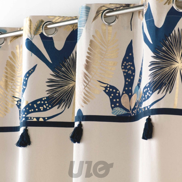 RIDEAU A OEILLETS 140 x 240 CM COTON UNI+TOP IMPRIME+POMPONS PRUSSEOR BLANC