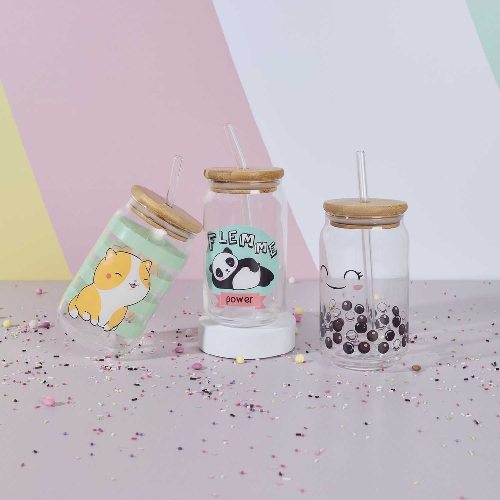 VERRE COUVERCLE BAMBOU PAILLE KAWAII 45CL M12