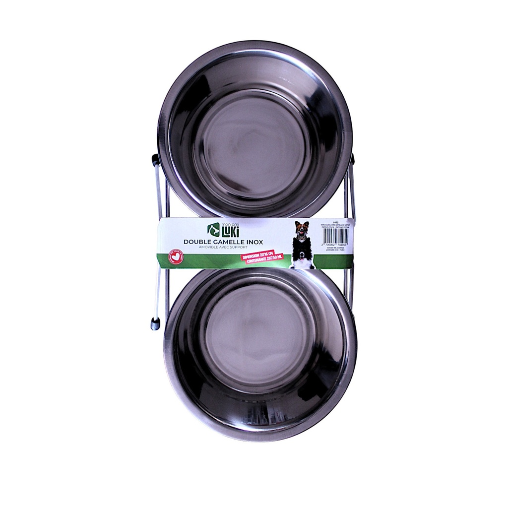 DOUBLE GAMELLE INOX - SUPPORT INOX - 2X16 CM -2 X750ML- TM