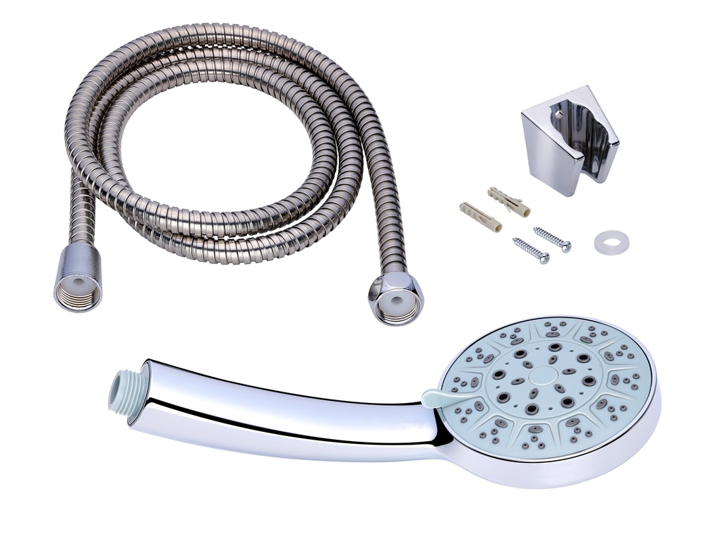 POMMEAU ET FLEXIBLE DE DOUCHE - 1.5M - 5 FONCTIONS - VIS ET SUPPORT INCLUS